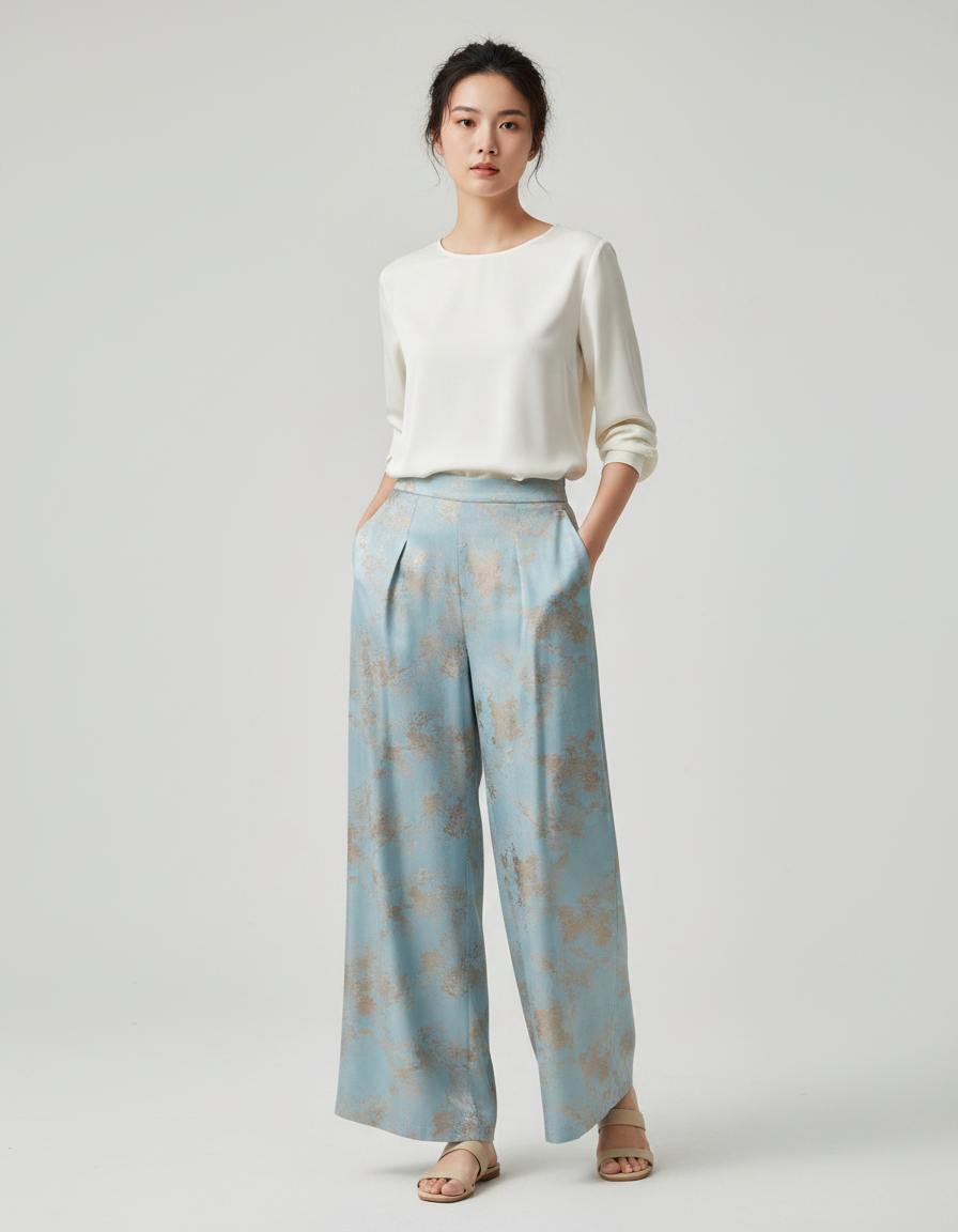 Pantalon Chinois Bleu Satiné Imprimé Doré Ample Fluide