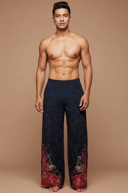 Pantalon Chinois Brodé Ample Ethnique Marine Coton