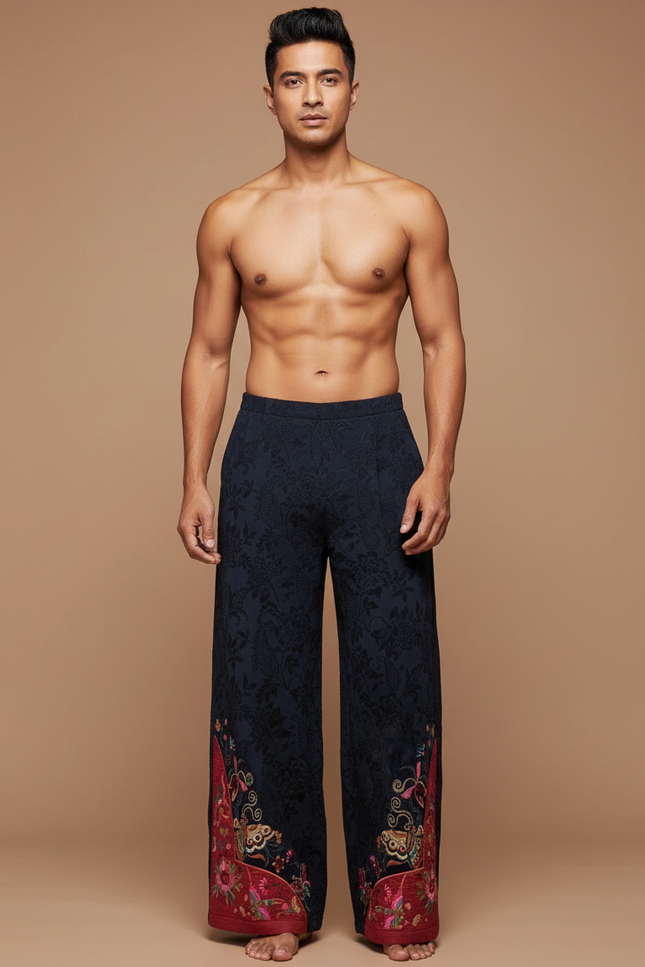 Pantalon Chinois Brodé Ample Ethnique Marine Coton