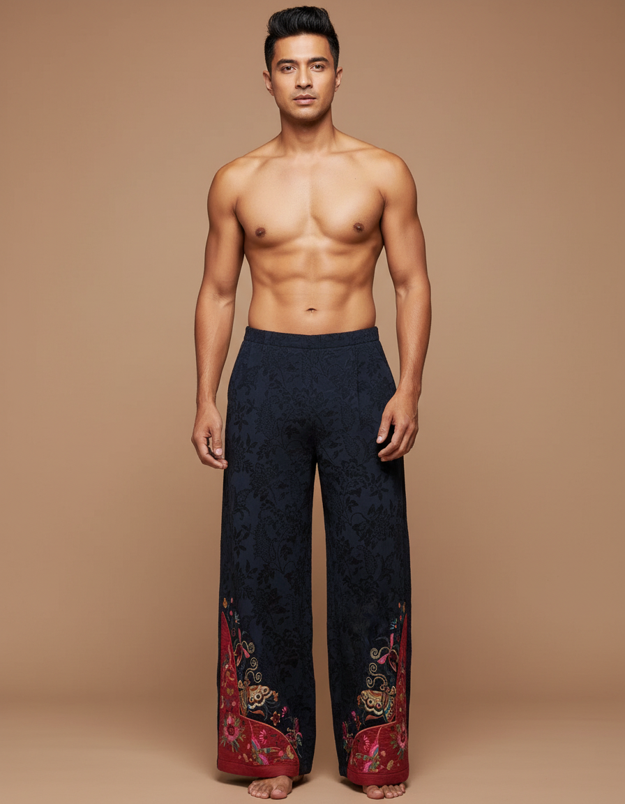 Pantalon Chinois Brodé Ample Ethnique Marine Coton