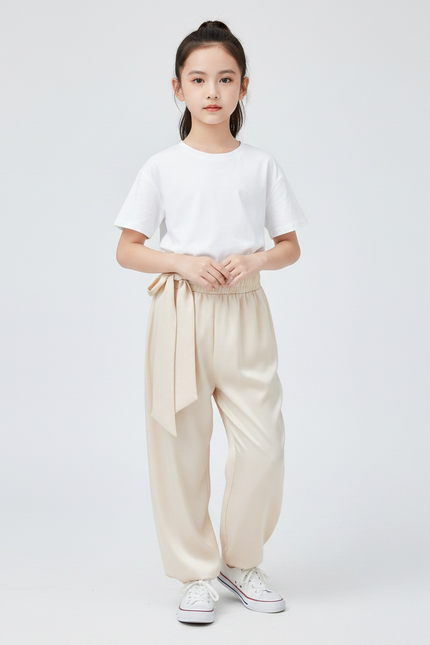 Pantalon Chinois Crème Satiné Ample Ceinturé Casual - Beige