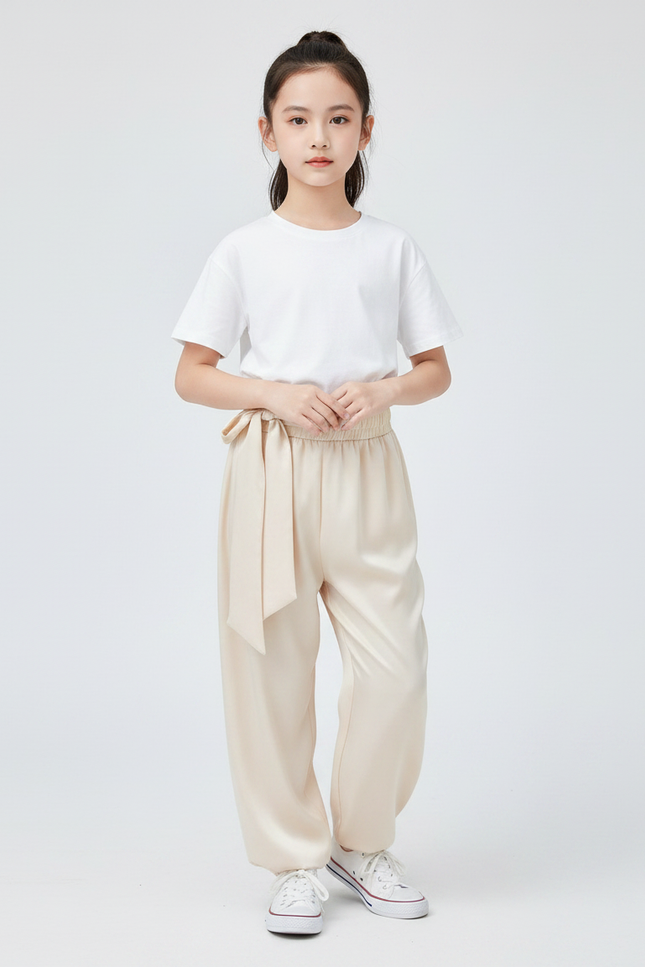 Pantalon Chinois Crème Satiné Ample Ceinturé Casual - Beige