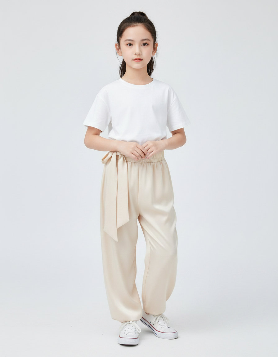 Pantalon Chinois Crème Satiné Ample Ceinturé Casual - Beige