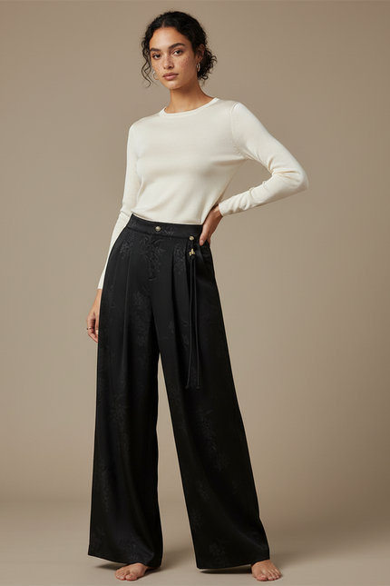 Pantalon Chinois Noir Satin Jacquard Ample Élégant