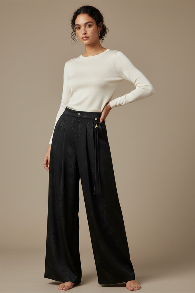 Pantalon Chinois Noir Satin Jacquard Ample Élégant