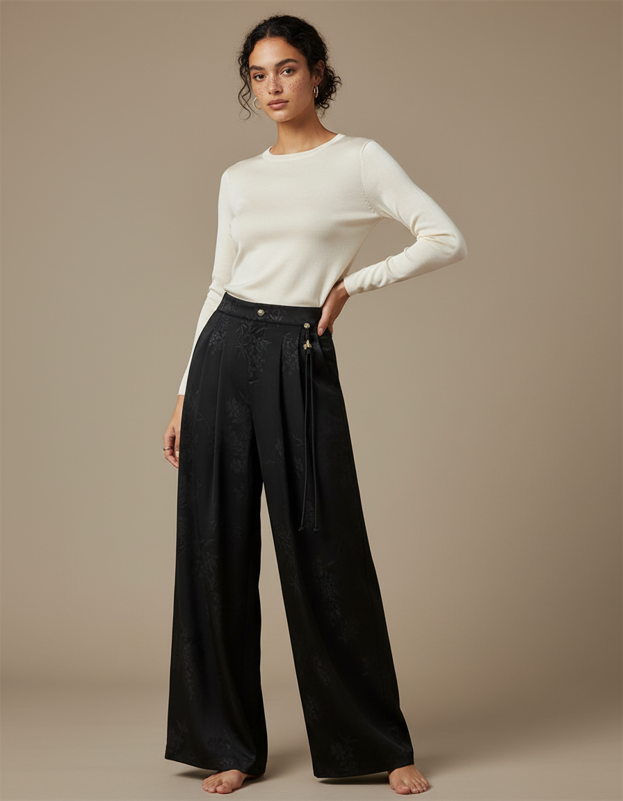 Pantalon Chinois Noir Satin Jacquard Ample Élégant