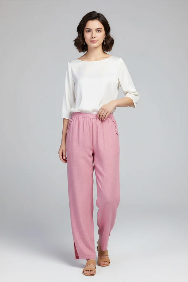 Pantalon Chinois Rose Ample Lin Femme