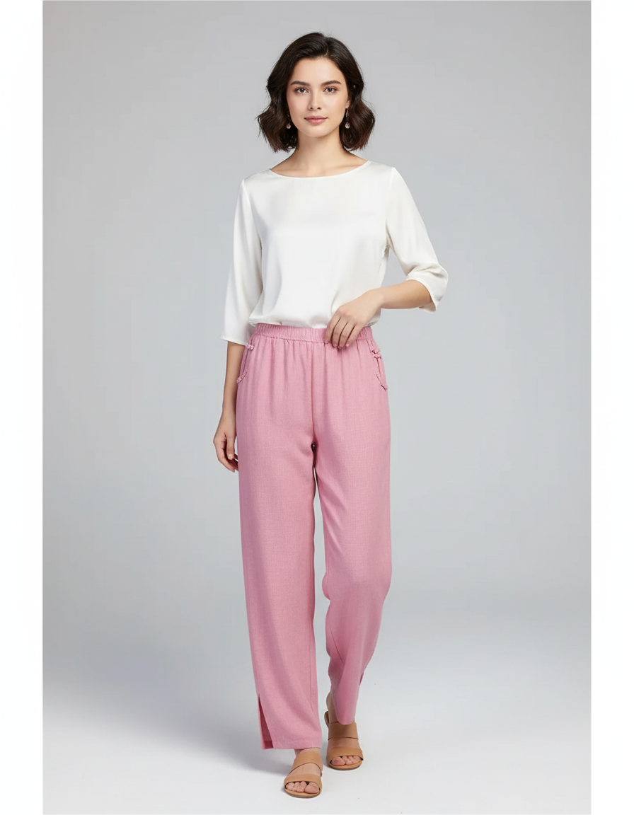 Pantalon Chinois Rose Ample Lin Femme