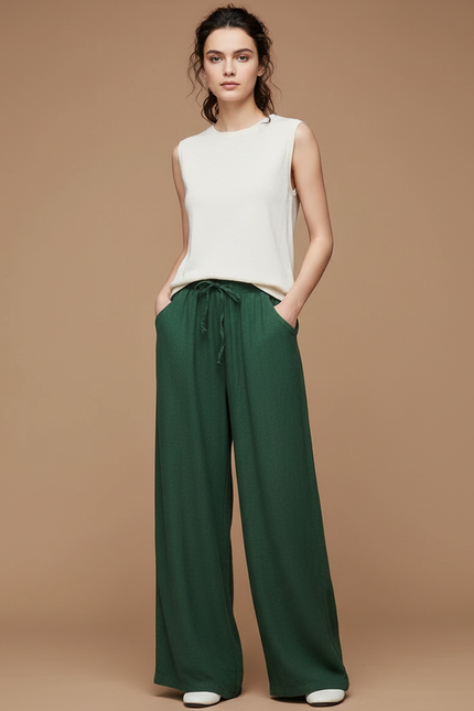Pantalon Chinois Vert Ample Fluide Cordon Lin