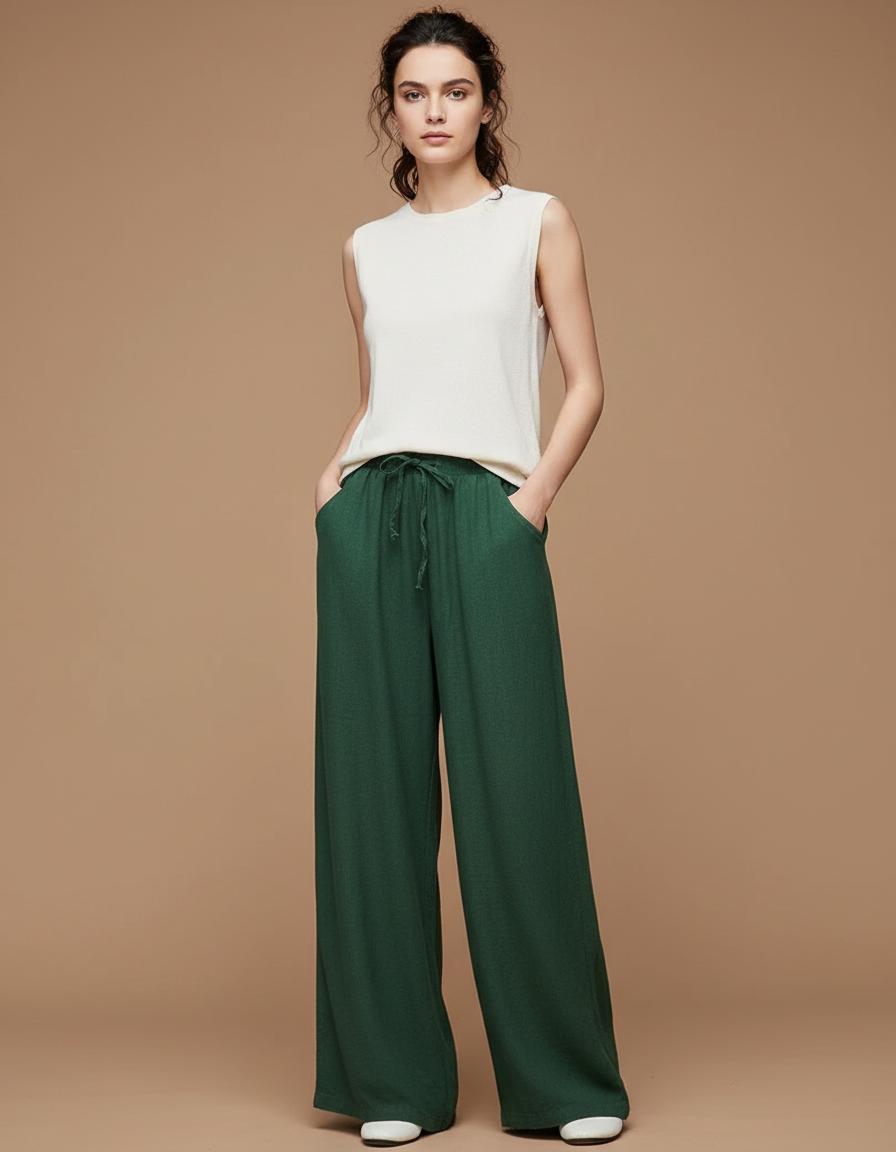 Pantalon Chinois Vert Ample Fluide Cordon Lin