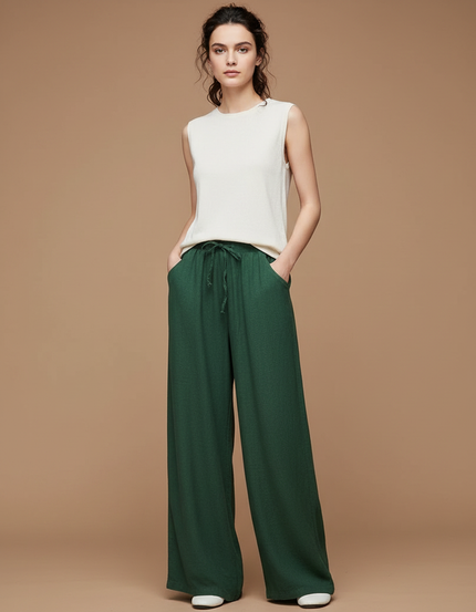 Pantalon Chinois Vert Ample Fluide Cordon Lin