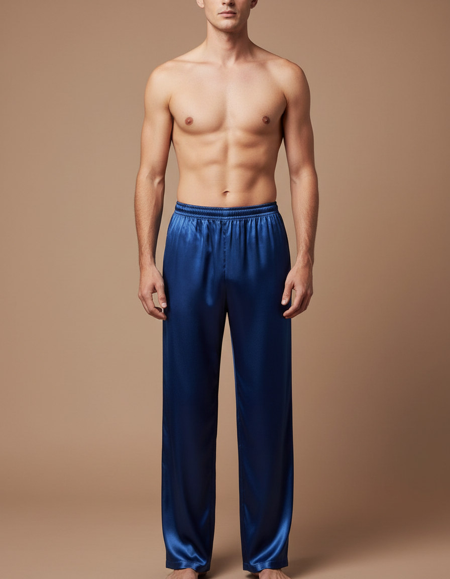 Pantalon Chinois Bleu Satin Fluide Ample Homme - Marine