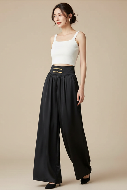 Pantalon Chinois Noir Satin Fluide Large Femme