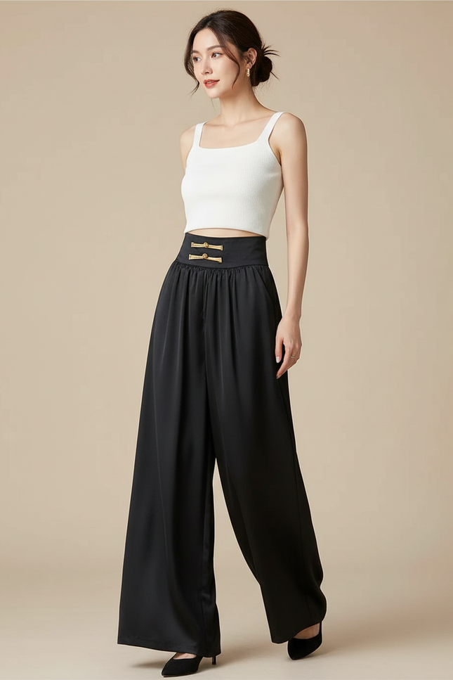 Pantalon Chinois Noir Satin Fluide Large Femme