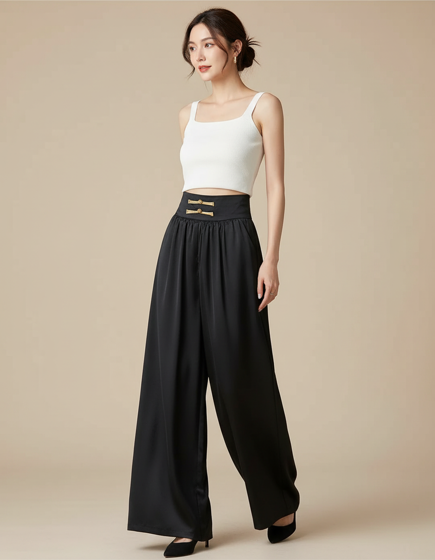 Pantalon Chinois Noir Satin Fluide Large Femme