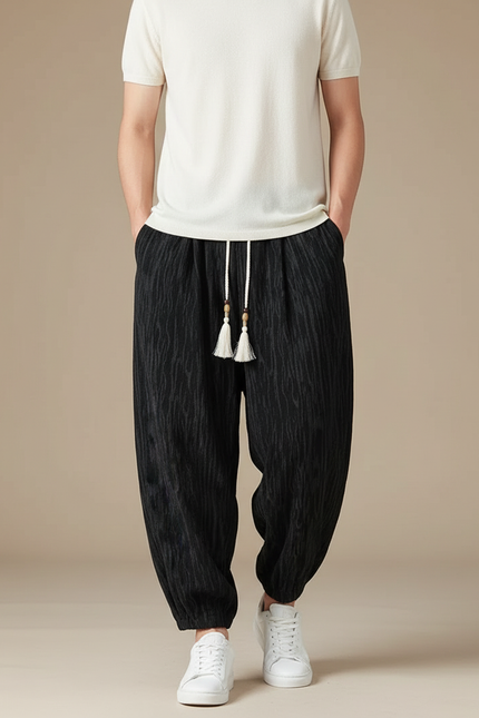 Pantalon Chinois Noir Ample Texturé Décontracté Homme - Lin