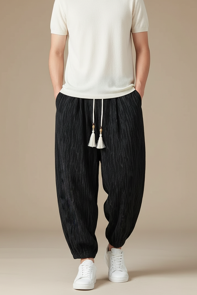 Pantalon Chinois Noir Ample Texturé Décontracté Homme - Lin