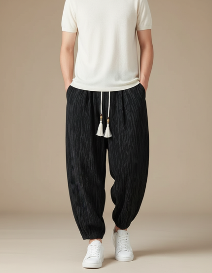 Pantalon Chinois Noir Ample Texturé Décontracté Homme - Lin