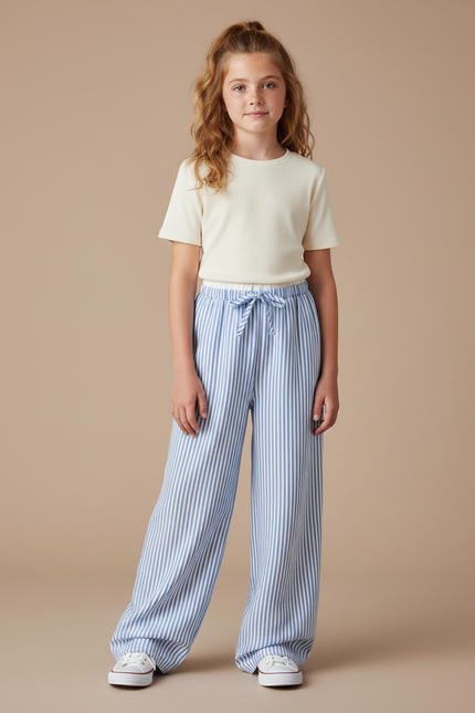 Pantalon Chinois Rayé Bleu Ample Fluide Enfant - Lin
