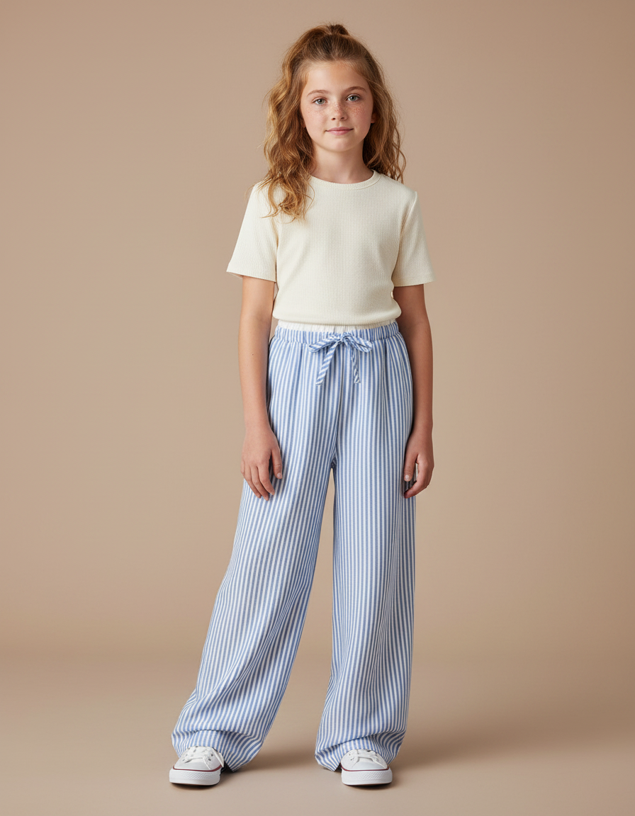 Pantalon Chinois Rayé Bleu Ample Fluide Enfant - Lin