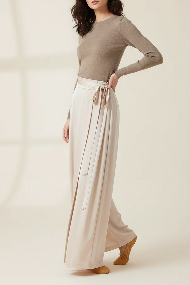 Pantalon Chinois Satiné Fluide Ample Ceinturé Femme - Beige