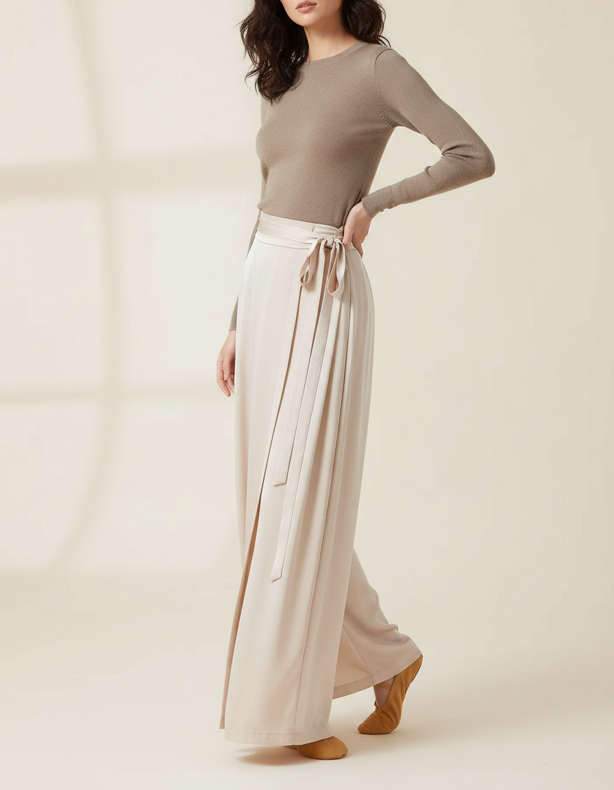 Pantalon Chinois Satiné Fluide Ample Ceinturé Femme - Beige