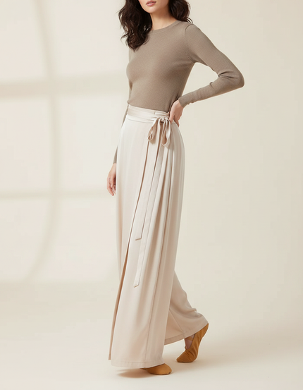 Pantalon Chinois Satiné Fluide Ample Ceinturé Femme - Beige