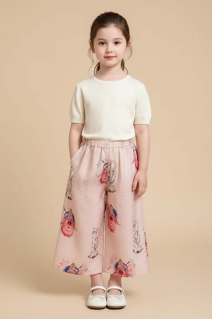 Pantalon Chinois Rose Fluide Ample Motif Fantaisie Fille - Lin