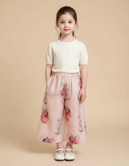 Pantalon Chinois Rose Fluide Ample Motif Fantaisie Fille - Lin