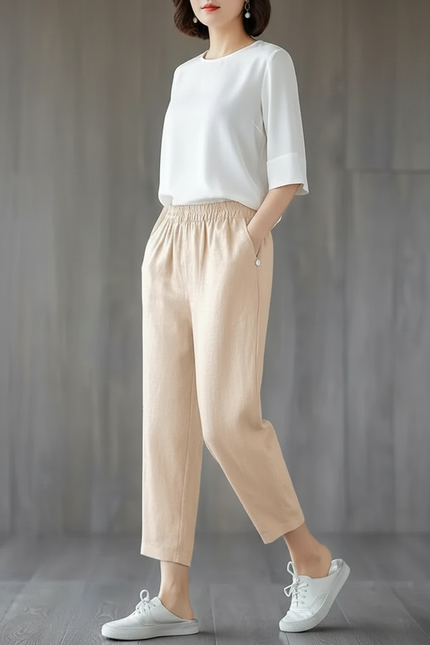 Pantalon Chinois Beige Ample Coton Lin Élégant