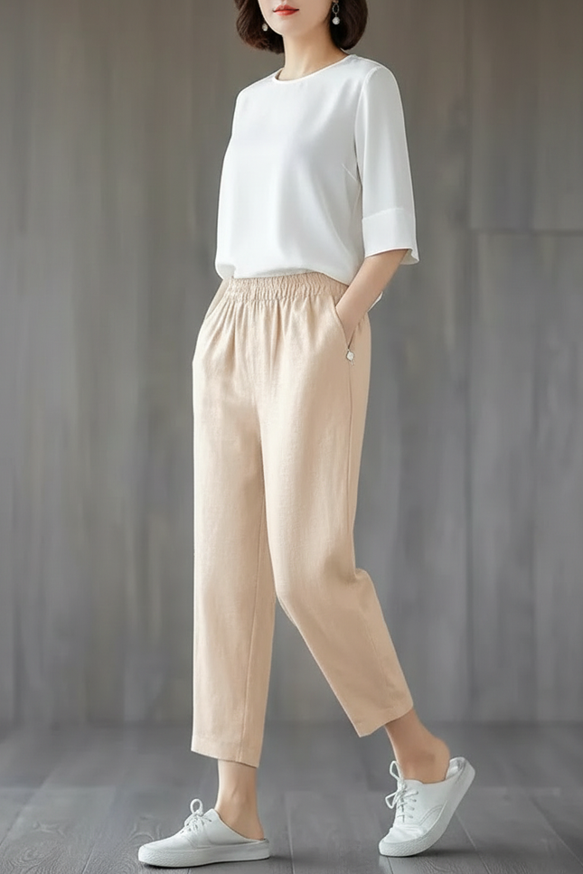 Pantalon Chinois Beige Ample Coton Lin Élégant