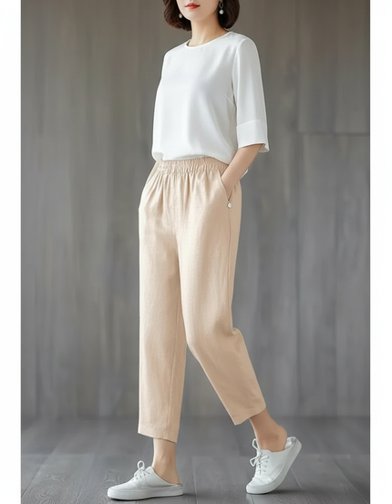 Pantalon Chinois Beige Ample Coton Lin Élégant