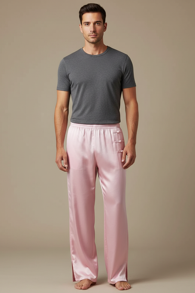 Pantalon Chinois Rose Satiné Ample Homme Décontracté