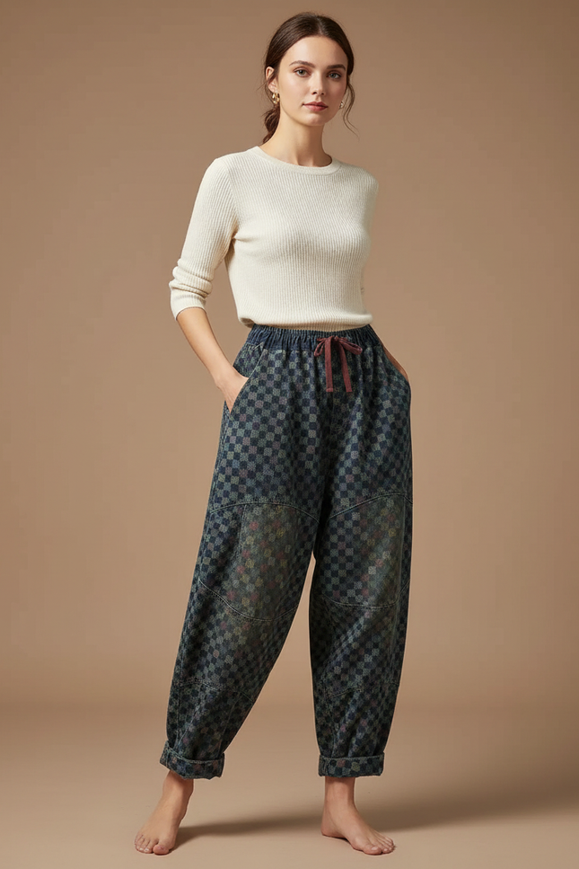 Pantalon Chinois Carreaux Denim Ample Vintage Harem - Bleu Jean