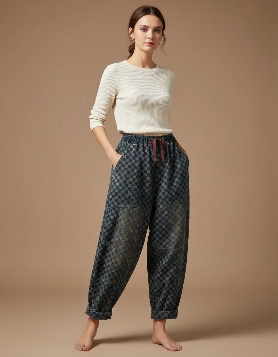 Pantalon Chinois Carreaux Denim Ample Vintage Harem - Bleu Jean