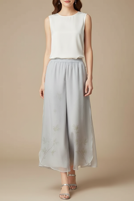 Pantalon Chinois Gris Fluide Imprimé Floral Élastique - Soie