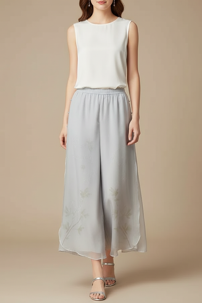 Pantalon Chinois Gris Fluide Imprimé Floral Élastique - Soie