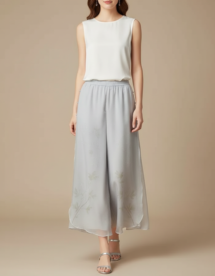 Pantalon Chinois Gris Fluide Imprimé Floral Élastique - Soie