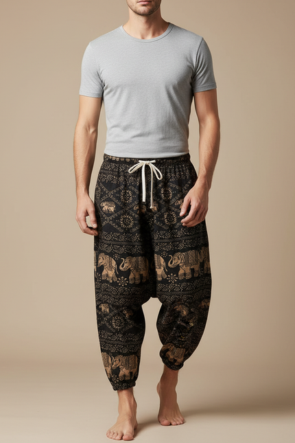 Pantalon Chinois Noir Éléphants Harem Coton Ample Décontracté