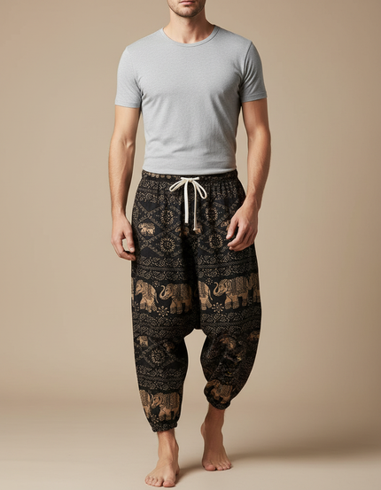 Pantalon Chinois Noir Éléphants Harem Coton Ample Décontracté