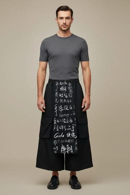 Pantalon Chinois Noir Ample Calligraphie Streetwear Homme - Polyester