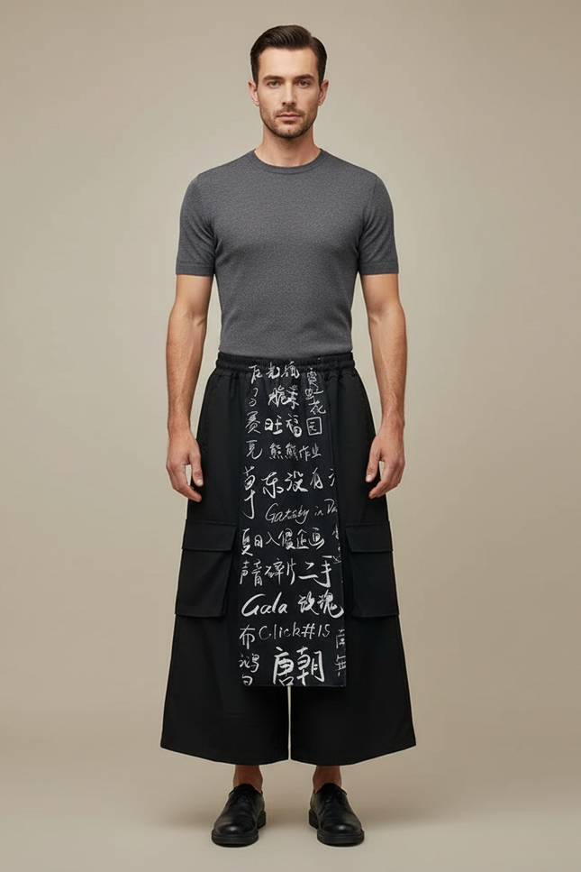 Pantalon Chinois Noir Ample Calligraphie Streetwear Homme - Polyester