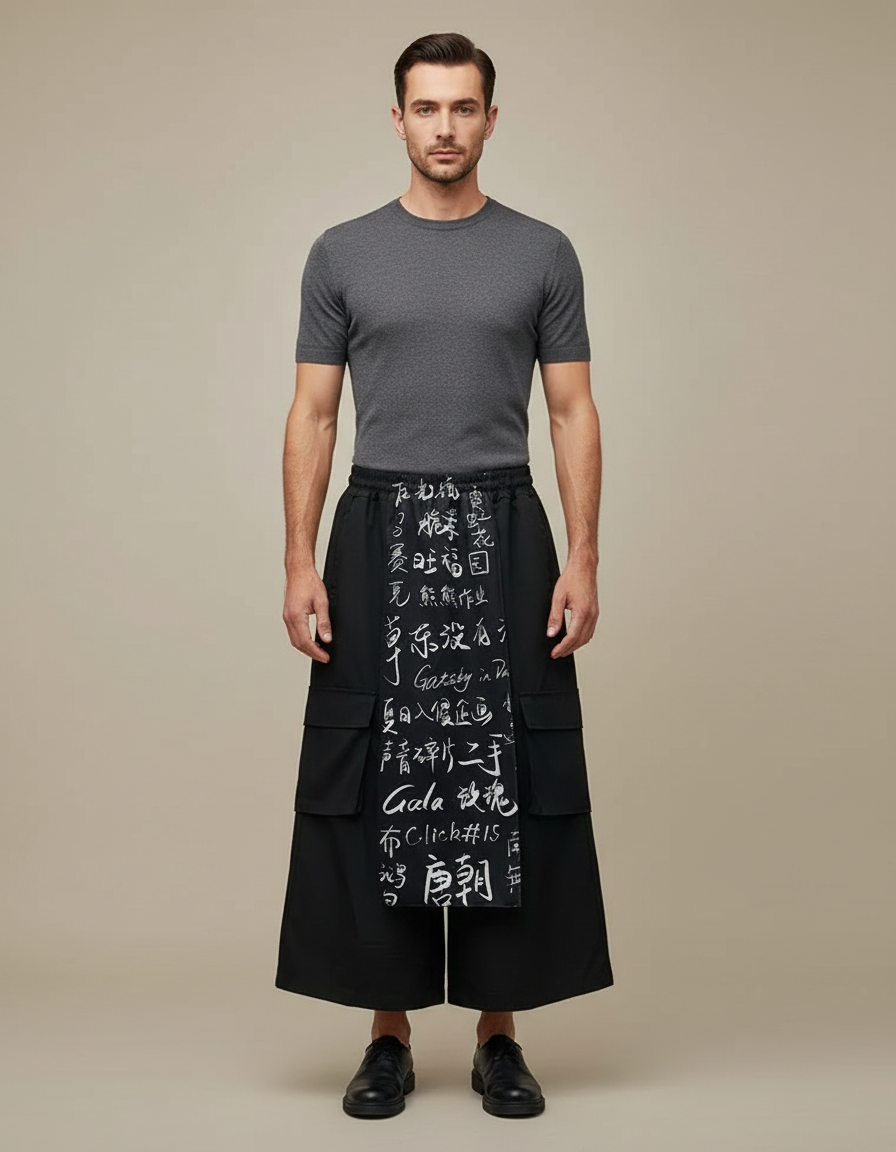 Pantalon Chinois Noir Ample Calligraphie Streetwear Homme - Polyester