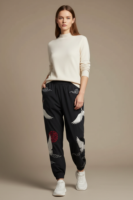 Pantalon Chinois Noir Brodé Grue Ample Femme - Polyester