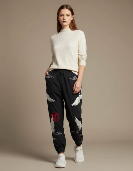 Pantalon Chinois Noir Brodé Grue Ample Femme - Polyester