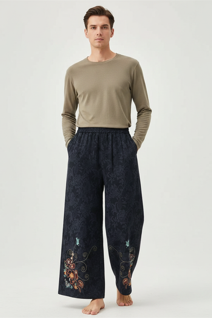Pantalon Chinois Jacquard Brodé Ample Élastique Ethnique - Marine Viscose