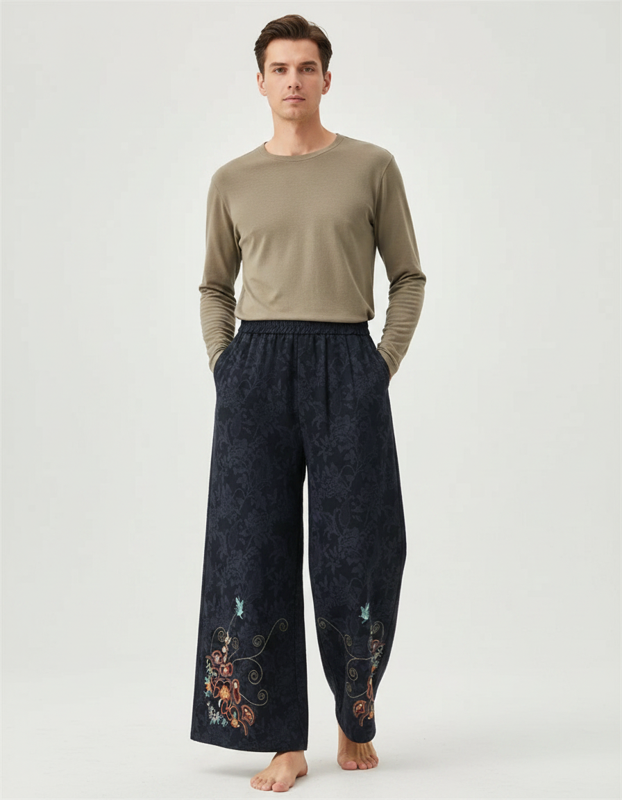 Pantalon Chinois Jacquard Brodé Ample Élastique Ethnique - Marine Viscose