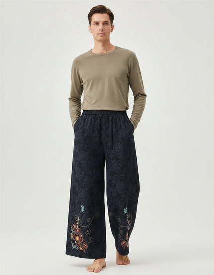 Pantalon Chinois Jacquard Brodé Ample Élastique Ethnique - Marine Viscose