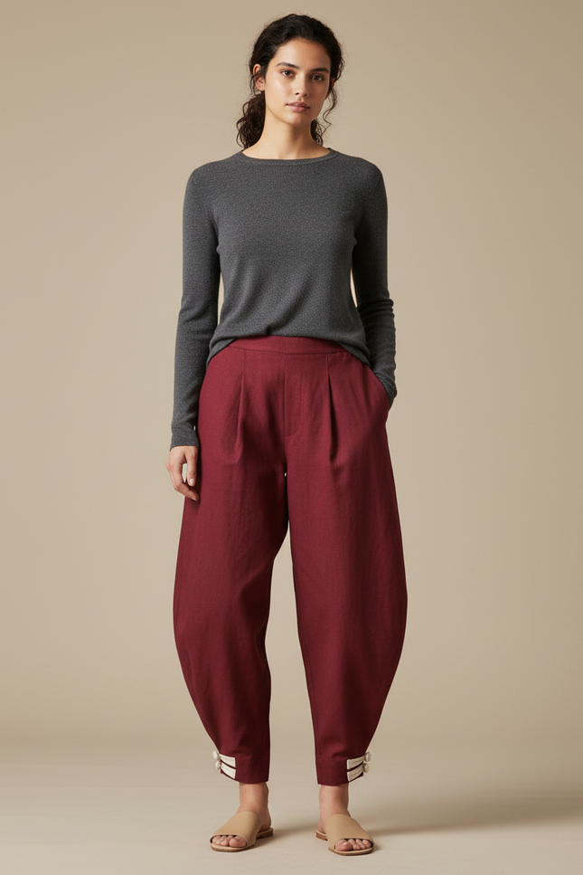 Pantalon Chinois Bordeaux Bouffant Plissé Coton Femme