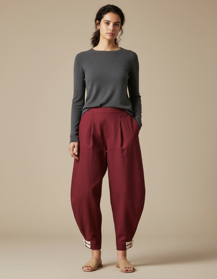Pantalon Chinois Bordeaux Bouffant Plissé Coton Femme